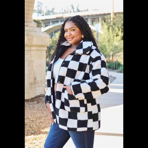 Double Take Full Size Checkered Button Front Coat with Pockets - Picture 8 of 9